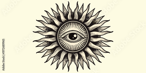 Stylized illustration of an eye within a sunburst or radiant oval shape
