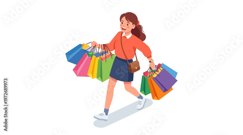 Woman Carrying Colorful Shopping Bags.