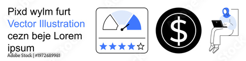Finance management, online reviews, performance metrics, user feedback, business analysis, digital economy. Dollar symbol, rating scale and a person using a laptop. Finance management and online