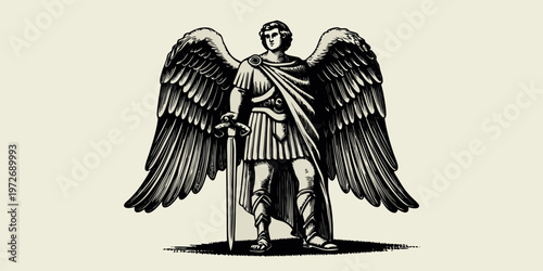 Vintage illustration of a winged warrior angel holding a sword