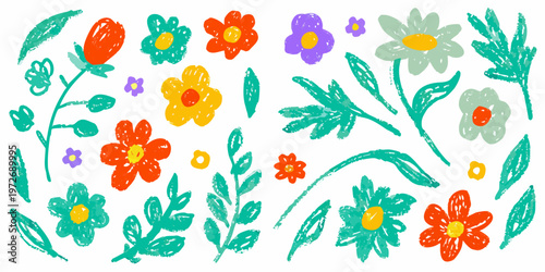 Colorful crayon drawing of various flowers and leafy green stems