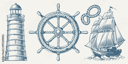 Vintage nautical illustration featuring a lighthouse ship s wheel and sailing ship