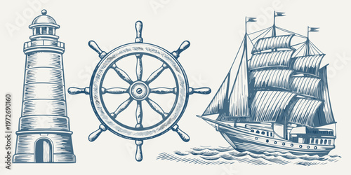 Vintage nautical illustration featuring a lighthouse ship s wheel and sailing ship