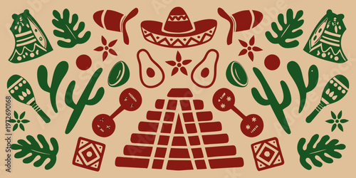 A vibrant stylized pattern of mexican cultural elements and botanical shapes