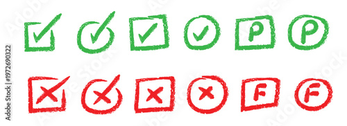 Hand-drawn set of green check marks and red cross icons for pass fail grading and feedback