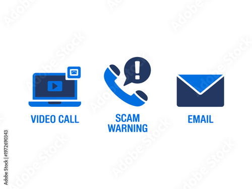 Scam warning icons for video call, phone, and email on white background for cybersecurity concepts