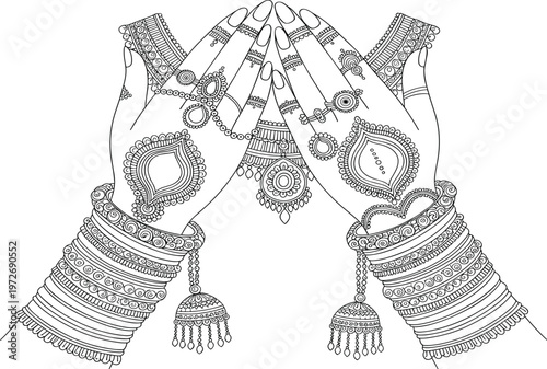 Intricate mehndi decorated hands with jewelry bangles, traditional Indian henna art illustration, cultural bridal design isolated on white background