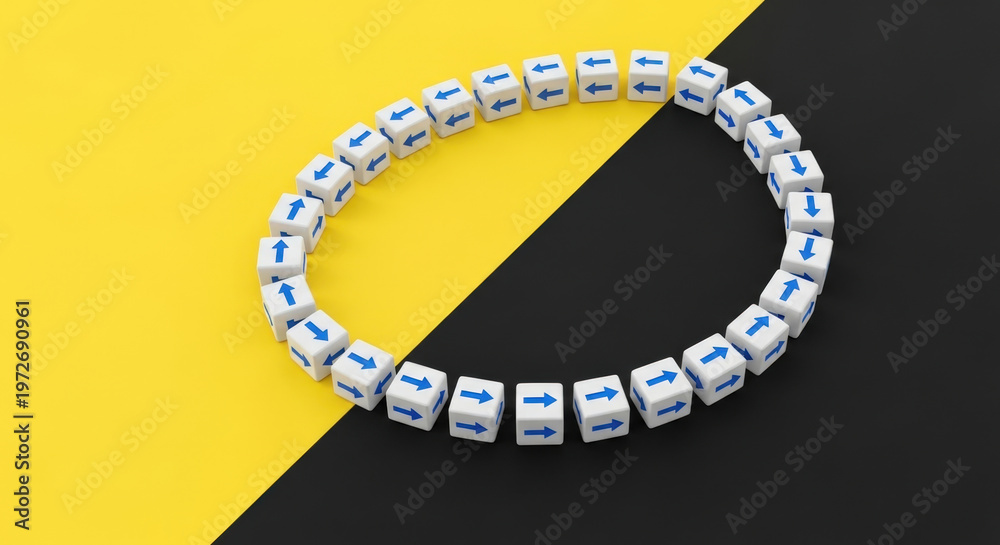 Fototapeta premium Circle Formed with Directional Arrow Cubes on Yellow and Black Background Idea Communication Concept Abstract Path Way Flow Connection Direction