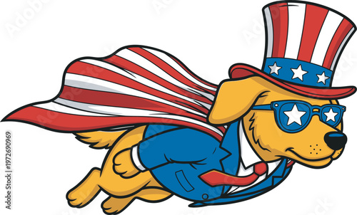 Independence Day Super hero dog flying with American flag cape and uncle sam top hat for 4th of July celebration vector mascot character art USA