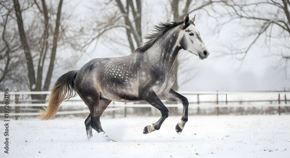 Fototapeta premium Graceful gallop of a horse in a snowy winter field