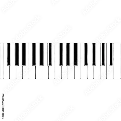 Top view of a classic piano keyboard with black and white keys, essential musical instrument for composing, learning, and performance.