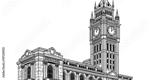 Detailed architectural drawing of a historic clock tower building.