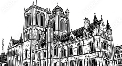 Detailed architectural drawing of a grand historical building.