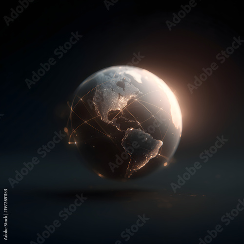Glowing Earth globe with digital network connection lines on dark background for global communication and data concept