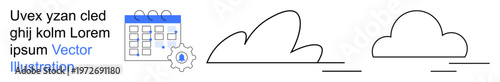 Calendars, organization, scheduling, cloud computing, minimalism, productivity. A calendar icon with a gear alongside stylized cloud shapes. Organization and scheduling concepts combined