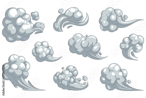 A set of gray cartoon storm clouds isolated on white background, Vector, illustration