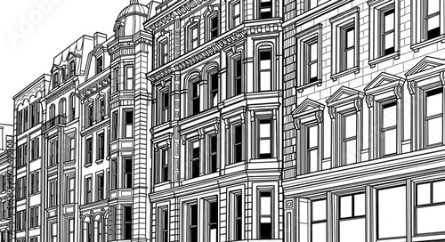 Detailed Architectural Drawing of a Row of Victorian Buildings.