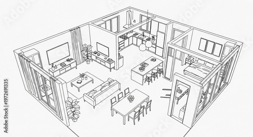 Detailed Architectural Drawing of a Spacious Open-Plan Living Area.
