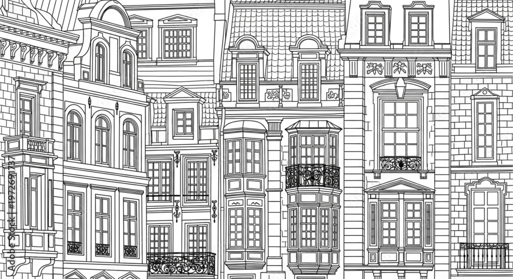 Obraz premium Detailed Architectural Facade Illustration of European Buildings.