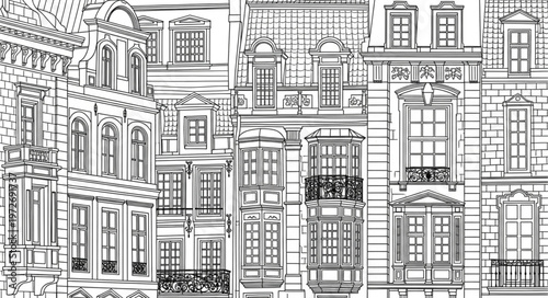 Detailed Architectural Facade Illustration of European Buildings.