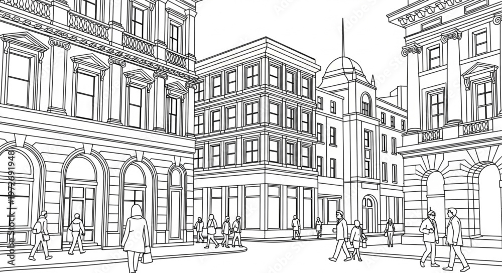 Fototapeta premium Detailed architectural sketch of a bustling city street scene.