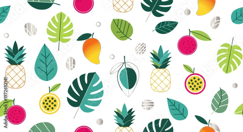 Colorful illustration of tropical fruit and leaves on white background with vibrant patterns