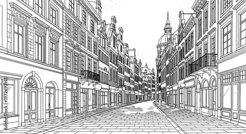 Detailed Architectural Sketch of a European City Street.