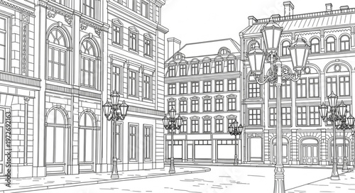 Detailed architectural sketch of a European city square.