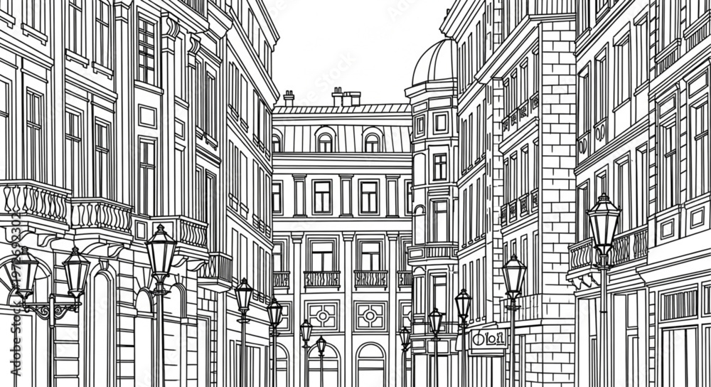 Obraz premium Detailed Architectural Sketch of a European City Street.