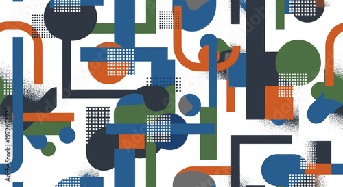 Vibrant abstract shapes create a dynamic composition on a white background with geometric patterns.