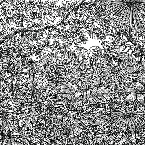 Dense Tropical Jungle Canopy Lush Foliage Detailed Ink Drawing Lush Greenery Overlapping Leaves Botanical Illustration