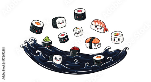 Cartoon sushi rolls float on dark blue ocean waves with smiling faces.