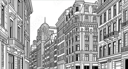 Detailed Architectural Sketch of a European City Street.