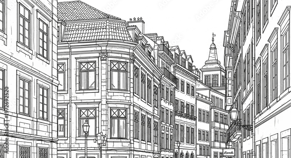 Obraz premium Detailed architectural sketch of a European city street with historic buildings.