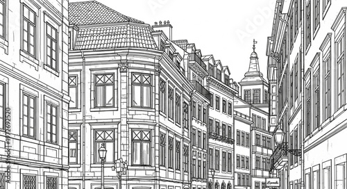 Detailed architectural sketch of a European city street with historic buildings.