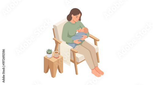 Woman Breastfeeding Baby Sitting.
