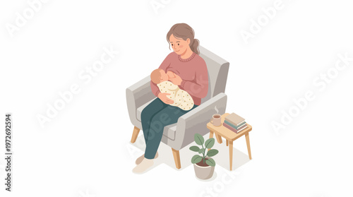 Woman Breastfeeding Baby Sitting.