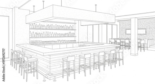 Detailed architectural sketch of a modern interior space.