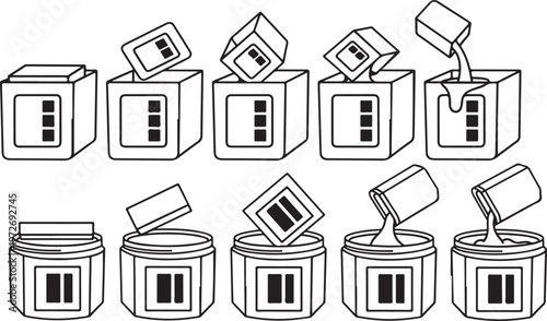 A set of white boxes with yellow panels showing various states of opening and pouring