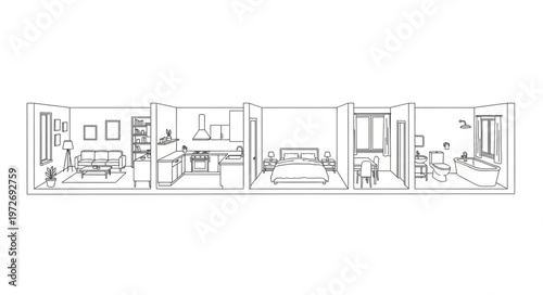 Detailed architectural sketch of a modern open-plan apartment interior.