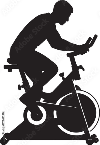 Black silhouette of a person cycling on a stationary exercise bike also transparent background stationary bike