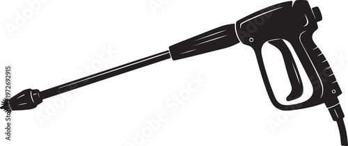 Black silhouette of a pressure washer gun with a long nozzle and spray tip also transparent background