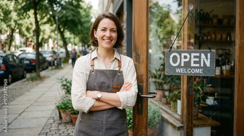 Friendly Female Barista Standing at Coffee Shop Entrance With Welcome Sign
