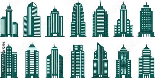 Collection of various city skyscrapers and buildings in teal and black