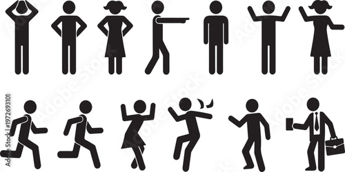 Collection of black silhouette people in various poses and actions on white background