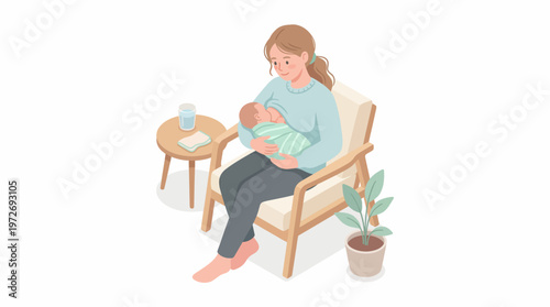Woman breastfeeding baby sitting.