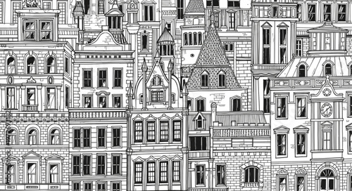Detailed Black and White Architectural Drawing of a Dense Cityscape.