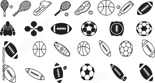 Collection of various sports icons including balls and rackets on white background