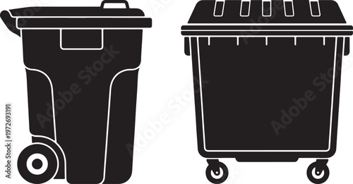 Two black wheeled trash cans side by side on white background also transparent background garbage bin