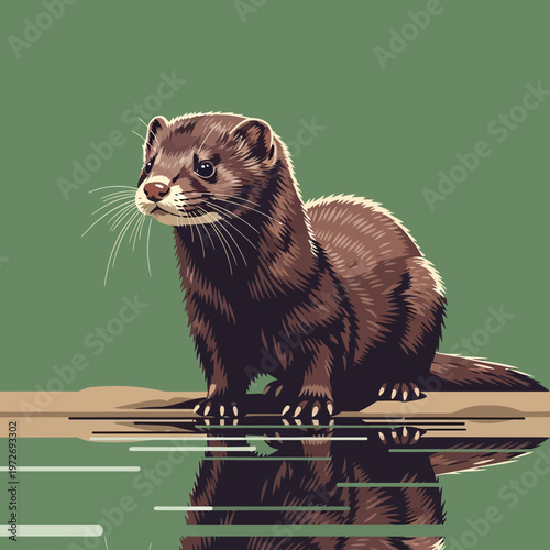 Brown mink standing on water surface.